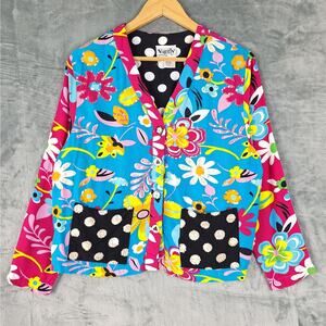 Womens Top Small Statement Unique Wacky Eclectic Sequins Floral Colorful Artsy